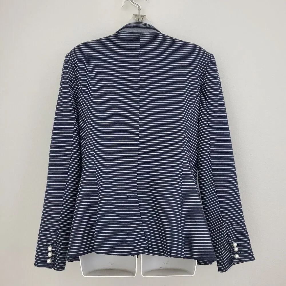 Tahari Women's Blazer 10 Blue Striped Pique Knit Pearls Nautical Business Office